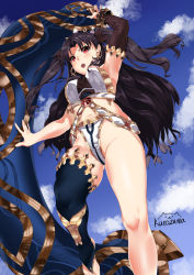 Rule 34 | 1girl, artist name, asymmetrical sleeves, barefoot, black hair, black thighhighs, breasts, day, earrings, elbow gloves, fate/grand order, fate (series), from below, gloves, heavenly boat maanna, highres, hoop earrings, ishtar (fate), jewelry, kurozawa yui, long hair, looking at viewer, navel, neck ring, open mouth, red eyes, single elbow glove, single thighhigh, sky, solo, thighhighs, tiara, toeless legwear, two side up, uneven sleeves, very long hair