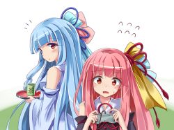 Rule 34 | 2girls, blue hair, blush, controller, flying sweatdrops, game controller, kotonoha akane, kotonoha aoi, long hair, looking at viewer, multiple girls, open mouth, pink hair, red eyes, ryogo, siblings, sisters, twins, voiceroid