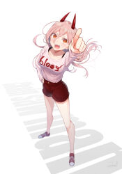Rule 34 | 1girl, absurdres, chainsaw man, hair between eyes, hand on own hip, highres, horns, long hair, looking at viewer, open mouth, para sitism, pink hair, pointing, pointing at viewer, power (chainsaw man), red shorts, sharp teeth, shoes, shorts, simple background, solo, standing, teeth, upper teeth only