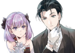 Rule 34 | 1boy, 1girl, bare shoulders, black bow, black dress, black hair, black jacket, black suit, blazer, bow, closed mouth, commentary request, detached collar, detached sleeves, dress, fate/grand order, fate (series), formal, frills, gloves, green eyes, hair bow, hand on own chin, height difference, helena blavatsky (fate), jacket, looking at another, looking away, purple eyes, purple hair, sherlock holmes (fate), shirt, short hair, simple background, strapless, strapless dress, suit, twitter username, upper body, white background, white gloves, white shirt, white sleeves, yoczkw