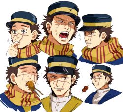 Rule 34 | 1boy, anger vein, brown eyes, brown hair, chopsticks, eating, facial scar, finger in own mouth, food, golden kamuy, highres, imperial japanese army, male focus, mirin (coene65), multiple views, scar, scar on cheek, scar on face, scar on mouth, scar on nose, scarf, short hair, striped clothes, striped scarf, sugimoto saichi, yellow scarf