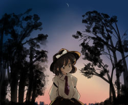 Rule 34 | 1980s (style), 1girl, arms behind back, bad id, bad twitter id, black headwear, black skirt, bow, brown eyes, brown hair, commentary request, fedora, forest, hat, hat bow, long sleeves, nature, necktie, oldschool, outdoors, red necktie, retro artstyle, shirt, short hair, skirt, sunset, takemoto izumi (style), tie clip, tombstone, touhou, tree, upper body, usami renko, white bow, white shirt, yatyou
