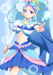Rule 34 | 1girl, bad id, bad pixiv id, commentary request, cure mermaid, earrings, go! princess precure, highres, jewelry, kaidou minami, midriff, omiya (-t), precure, simple background, solo, striped, striped background