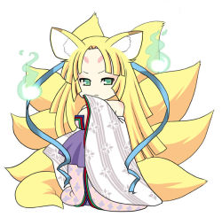 Rule 34 | 1girl, :&lt;, animal ears, bad id, bad pixiv id, bare shoulders, blonde hair, breasts, chibi, detached sleeves, eyeshadow, facial mark, forehead mark, fox ears, fox tail, ghost, glowing, green eyes, hair ribbon, inari, japanese clothes, kimono, kitsune, kyuubi, large breasts, long hair, long sleeves, looking at viewer, makeup, mame (dream crown), multiple tails, no bra, omachi, parted bangs, rance (series), ribbon, see-through, sengoku rance, solo, standing, striped, tail, wide sleeves