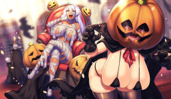 Rule 34 | 2girls, 2others, bandages, bat (animal), blurry, blurry background, breasts, cape, chair, claw pose, covered face, dark-skinned female, dark skin, gloves, halloween, halloween costume, hat, highres, huge breasts, jack-o&#039;-lantern, large breasts, multiple girls, multiple others, mummy, open mouth, pumpkin, pumpkin on head, red eyes, sitting, skeleton, skull, smile, vampire, white hair, yellow eyes, yui sora
