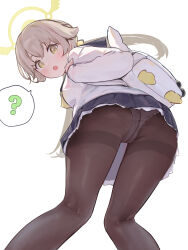 Rule 34 | 1girl, :o, ?, absurdres, ass, backpack, bag, black skirt, blue archive, blush, brown hair, brown pantyhose, crotch seam, feet out of frame, from behind, from below, halo, hifumi (blue archive), highres, kneepits, long hair, long sleeves, looking at viewer, looking back, looking down, low twintails, miniskirt, open mouth, pantyhose, pleated skirt, ryh4, school uniform, serafuku, shirt, simple background, skirt, solo, speech bubble, spoken question mark, standing, thighband pantyhose, twintails, upskirt, white background, white shirt, yellow eyes