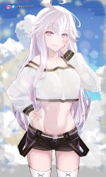 Rule 34 | 1girl, absurdres, aged up, ahoge, bare shoulders, black shorts, breasts, cloud, collarbone, cowboy shot, hand on own hip, hand on own cheek, hand on own face, highres, instagram logo, knownameart, light purple hair, long hair, long sleeves, looking at viewer, mahoutsukai reimeiki, medium breasts, midriff, navel, purple eyes, short shorts, shorts, sky, smile, standing, stomach, tank top, thighhighs, twitter logo, twitter username, very long hair, white hair, white tank top, white thighhighs, zero (zero kara hajimeru mahou no sho), zero kara hajimeru mahou no sho