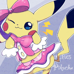 Rule 34 | :3, animal focus, blue eyes, blush stickers, bow, bowtie, character name, closed mouth, clothed pokemon, cosplay pikachu, creatures (company), english text, game freak, gen 1 pokemon, grey background, hair bow, hands up, happy, lightning bolt symbol, looking at viewer, nintendo, no humans, one eye closed, outline, pikachu, pikachu pop star, pink bow, pink bowtie, pink shirt, pink skirt, pokedex number, pokemon, pokemon (creature), ronen, shirt, showgirl skirt, simple background, skirt, smile, solo, sparkle, white outline, wink