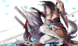 Rule 34 | 1girl, absurdres, animal ear fluff, animal ears, azur lane, black hair, black kimono, blood, blood on hands, blue eyes, breasts, cleavage, clenched hand, closed mouth, commentary request, full body, fusou (azur lane), fusou (meta) (azur lane), hand up, highres, japanese clothes, kimono, kkk dami, large breasts, looking to the side, ocean, okobo, on one knee, open hand, sandals, solo, thighhighs, torn clothes, torn thighhighs, white thighhighs