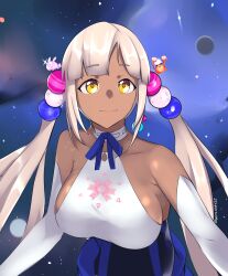 Rule 34 | 1girl, absurdres, backless outfit, blonde hair, breasts, closed mouth, dark-skinned female, dark skin, elbow gloves, gloves, hair ornament, halter shirt, halterneck, highres, hololive, hololive english, kaniko (tsukumo sana), large breasts, light brown hair, long hair, planet hair ornament, shirt, sideboob, skin tight, skirt, smile, solo, space, tsukumo sana, tsukumo sana (1st costume), twintails, underbust, upper body, usaslug (tsukumo sana), very long hair, virtual youtuber, white gloves, white shirt, white skirt, witchmyst, yellow eyes
