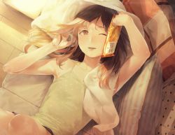 Rule 34 | 1girl, armpits, arms up, brown eyes, brown hair, commentary request, from above, long hair, looking at viewer, lying, on back, one eye closed, polka dot, solo, sousou (sousouworks), tank top