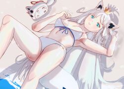 Rule 34 | 1girl, animal ear fluff, animal ears, aqua eyes, armpits, bra, braid, breasts, breasts apart, commentary request, crown, day, demonasa, ear piercing, feet out of frame, fox ears, fox girl, fox tail, from above, hand in own hair, highres, hololive, long hair, lying, medium breasts, mini crown, on back, one-piece swimsuit, outdoors, panties, parted lips, partial commentary, piercing, shirakami fubuki, single braid, solo, stuffed fox, sunlight, swimsuit, tail, thighs, underwear, underwear only, very long hair, virtual youtuber, water, white bra, white hair, white one-piece swimsuit, white panties