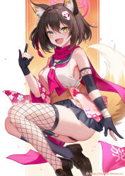 1girl :d animal_ears black_gloves blue_archive breasts brown_footwear brown_hair fang fox_ears fox_girl fox_hair_ornament fox_shadow_puppet fox_tail gloves hair_between_eyes halo hayate_(leaf98k) highres izuna_(blue_archive) loafers looking_at_viewer medium_breasts neckerchief open_mouth partially_fingerless_gloves pink_neckerchief pink_scarf red_halo scarf school_uniform serafuku shoes short_hair skin_fang smile solo tail yellow_eyes