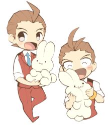 Rule 34 | 1boy, :d, ace attorney, antenna hair, apollo justice, blue necktie, bracelet, brown hair, closed eyes, collared shirt, holding, holding stuffed toy, jewelry, male focus, minashirazu, multiple views, necktie, open mouth, pants, red pants, red vest, shirt, short hair, simple background, smile, stuffed animal, stuffed rabbit, stuffed toy, vest, white background, white shirt