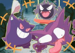 Rule 34 | absurdres, creatures (company), closed eyes, fangs, game freak, gastly, gen 1 pokemon, gengar, hand fan, harisen, haunter, highres, holding, holding fan, laughing, night, nintendo, no humans, open mouth, pokemon, pokemon (anime), pokemon (classic anime), pokemon (creature), teeth, tongue, tongue out