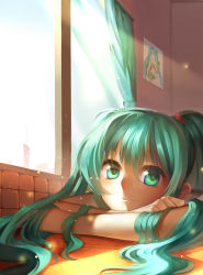 Rule 34 | 00s, 1girl, absurdres, curtains, green eyes, green hair, hatsune miku, highres, light smile, long hair, looking at viewer, matching hair/eyes, solo, twintails, vocaloid, window, yuket