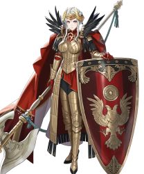 Rule 34 | 1girl, armor, armored boots, axe, battle axe, black feathers, black pantyhose, blue eyes, boobplate, boots, breastplate, breasts, cape, closed mouth, crown, cuboon, edelgard von hresvelg, feather trim, feathers, female focus, fire emblem, fire emblem: three houses, fire emblem heroes, full body, gauntlets, hair ornament, highres, holding, holding weapon, large breasts, lips, looking at viewer, nintendo, official art, pantyhose, red cape, shield, silver hair, solo, standing, transparent background, weapon