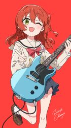 Rule 34 | 1girl, absurdres, artist name, blazer, bocchi the rock!, bow, bowtie, brown footwear, brown jacket, electric guitar, green eyes, grey skirt, guitar, hair between eyes, highres, holding, holding instrument, instrument, jacket, kita ikuyo, light blush, loafers, long hair, long sleeves, looking at viewer, one eye closed, open mouth, pleated skirt, red background, red bow, red bowtie, red hair, school uniform, shoes, shuka high school uniform, skirt, smile, socks, solo, standing, standing on one leg, v, white socks, zetsuyo chimayo