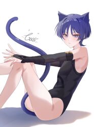 Rule 34 | 1boy, animal ears, bare legs, black shirt, black sleeves, blush, cat boy, cat ears, cat tail, chobonu, closed mouth, genshin impact, hair between eyes, highres, looking at viewer, male focus, purple eyes, purple hair, purple tail, scaramouche (genshin impact), shirt, short hair, solo, tail, white background