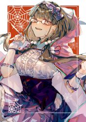 Rule 34 | 1girl, absurdres, blush, bow, brown hair, cape, fate/grand order, fate (series), glasses, highres, hood, hooded cape, long hair, low twintails, nasubi illust, osakabehime (fate), purple skirt, skirt, spider web print, stylus, sweatdrop, tablet pc, twintails