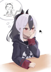 Rule 34 | 1girl, absurdres, doodle sensei (blue archive), black choker, black hair, black hoodie, black horns, blue archive, blush, bright pupils, choker, closed mouth, commentary, earclip, head rest, heart, highres, hood, hood down, hoodie, horns, kayoko (blue archive), long sleeves, multicolored hair, neranainerune, red eyes, sensei (blue archive), sidelocks, simple background, solo, thinking, two-tone hair, white background, white hair, white pupils