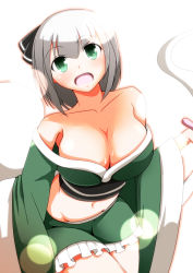 Rule 34 | 1girl, :d, adapted costume, breasts, cleavage, clothes down, collarbone, downblouse, from above, green eyes, hairband, japanese clothes, konpaku youmu, konpaku youmu (ghost), large breasts, merry (diameri), midriff, miniskirt, off shoulder, open mouth, short hair, silver hair, skirt, smile, solo, touhou, wide sleeves