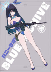 Rule 34 | 1girl, absurdres, animal ears, bare shoulders, black hair, blue archive, blue eyes, blue footwear, bow, bowtie, breasts, commentary request, detached collar, dutch angle, gun, highres, holding, holding gun, holding weapon, kojima takeshi, large breasts, leotard, long hair, looking at viewer, medium breasts, playboy bunny, rabbit ears, saori (blue archive), solo, weapon