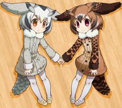 Rule 34 | 10s, 2girls, bad id, bad twitter id, bird tail, blush, brown eyes, brown hair, closed mouth, dot nose, eurasian eagle owl (kemono friends), fur trim, grey footwear, grey hair, grey legwear, head wings, highres, holding hands, inactive account, interlocked fingers, kemono friends, long sleeves, looking at viewer, mary janes, multiple girls, northern white-faced owl (kemono friends), pantyhose, pigeon-toed, red eyes, sakurabe notos, shoes, short hair, smile, symmetry, tail, wings, winter clothes, yellow footwear