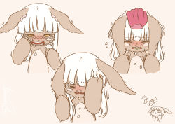 Rule 34 | 1girl, animal ears, crying, disembodied limb, ear tug, furry, made in abyss, mountain han, nanachi (made in abyss), headpat, short hair with long locks, simple background, white hair, yellow eyes