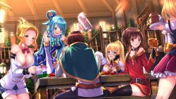 Rule 34 | 10s, 1boy, 5girls, :d, alcohol, aqua (konosuba), armor, back, bare shoulders, beer, beer mug, belt, black gloves, black legwear, blonde hair, blue eyes, blue hair, blue legwear, blue skirt, blush, bottle, bow, bowtie, braid, breasts, brick wall, brown hair, ceiling, cleavage, closed mouth, collar, commentary request, cross-laced clothes, crystal, cup, darkness (konosuba), detached collar, detached sleeves, dress, drunk, eyebrows, fingerless gloves, flat chest, folded ponytail, food, food on face, gem, gloves, hair ornament, hair rings, half updo, hand on own cheek, hand on own face, head rest, highres, holding, holding cup, holding food, kneeling, kono subarashii sekai ni shukufuku wo!, lamp, large breasts, leaning forward, long hair, looking at another, luna (konosuba), meal, meat, megumin, mug, multiple girls, no headwear, off-shoulder dress, off shoulder, on table, open mouth, orb, out of frame, pants, paper, pauldrons, plate, pleated skirt, pointing, ponytail, railing, red bow, red bowtie, red eyes, restaurant, sash, satou kazuma, short dress, short hair with long locks, shorts, shoulder armor, sitting, skirt, smile, stairs, swept bangs, swordsouls, table, thighhighs, tomato, tray, tree, vegetable, waitress, walking, wavy mouth, window, wine bottle, wooden table, x hair ornament, yellow bow, yellow eyes