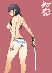 Rule 34 | 1girl, artist name, back, bare legs, black hair, blush, breasts, feet out of frame, from behind, hair over shoulder, katana, looking at viewer, looking back, medium breasts, neone, original, panties, simple background, solo, standing, striped clothes, striped panties, sword, topless, underwear, underwear only, weapon