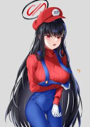 Rule 34 | 1girl, absurdres, alternate costume, black hair, blue archive, blue overalls, blunt bangs, cabbie hat, commentary request, cosplay, gloves, grey background, hair ornament, hairband, hairclip, halo, hat, highres, kipdrew, long hair, long sleeves, looking at viewer, mario, mario (cosplay), mario (series), multiple girls, nintendo, overalls, peaked cap, pun, red eyes, ribbed sweater, rio (blue archive), sidelocks, simple background, solo, spoken character, suspenders, sweater, white gloves