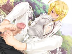 Rule 34 | 1girl, barefoot, blonde hair, blush, breasts, censored, classy cranberry&#039;s, feet, fencing, footjob, forest, game cg, gloves, happoubi jin, kujou tsubasa, looking down, nature, nipples, penis, pink eyes, short hair, sitting, sky, toes, tree