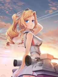 Rule 34 | 1girl, alexzhang, blonde hair, blue eyes, breasts, closed mouth, cowboy shot, dated, drill hair, headgear, highres, honolulu (kancolle), kantai collection, large breasts, long hair, looking at viewer, looking back, machinery, rigging, signature, sleeveless, smile, solo, turret, twintails