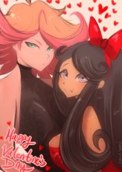 Rule 34 | 2girls, amanda o&#039;neill, black hair, blush, breasts, couple, happy, heart, highres, large breasts, little witch academia, looking at viewer, multicolored hair, multiple girls, omiza somi, simple background, smile, valentine, white background, yuri