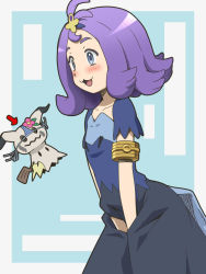 Rule 34 | 1girl, :3, acerola (pokemon), armlet, awa, between legs, blue eyes, blush, creatures (company), dress, elite four, embarrassed, female focus, flipped hair, game freak, gen 7 pokemon, hair ornament, hand between legs, mimikyu, multicolored clothes, multicolored dress, nintendo, object on head, open mouth, own hands together, panties, panties on head, pokemon, pokemon (anime), pokemon (creature), pokemon sm (anime), purple hair, short hair, stitches, trial captain, underwear, v arms