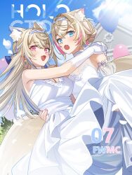 2girls after_kiss alternate_costume animal_ear_fluff animal_ears blonde_hair blue_hair blush bride carrying carrying_person dog_ears dog_girl dress earrings fuwawa_abyssgard highres hololive hololive_english incest jewelry lipstick_mark lipstick_mark_on_face mococo_abyssgard multicolored_hair multiple_girls princess_carry siblings sisters streaked_hair virtual_youtuber wedding wedding_dress white_dress yomosaka yuri