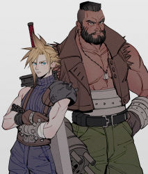 Rule 34 | absurdres, arm cannon, armor, barret wallace, beard, belt, biceps, black hair, blonde hair, blue eyes, brown eyes, buster sword, cloud strife, crossed arms, dark-skinned male, dark skin, dog tags, facial hair, final fantasy, final fantasy vii, gauntlets, hand on own hip, highres, looking at viewer, male focus, oimo (oimkimn), pectoral cleavage, pectorals, shoulder armor, simple background, sleeveless, sleeveless turtleneck, spiked hair, square enix, suspenders, sword, sword behind back, turtleneck, vest, weapon