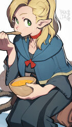 Rule 34 | 1girl, absurdres, artist name, blue capelet, blush, bowl, capelet, choker, commentary request, dungeon meshi, eating, elf, green eyes, grey background, hata4564, highres, holding, holding bowl, holding spoon, looking at viewer, marcille donato, pointy ears, red choker, simple background, sitting, solo, spoon