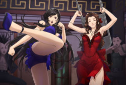 Rule 34 | 2boys, 2girls, aerith gainsborough, aerith gainsborough (red dress), armpits, ass, bare legs, black hair, blurry, blurry background, breasts, brown hair, chair, cleavage, crescent, crescent earrings, dress, drill hair, earrings, fighting stance, final fantasy, final fantasy vii, final fantasy vii remake, folding chair, high heels, high kick, jewelry, kicking, leg up, legs, long hair, looking at viewer, mohawk, multiple boys, multiple girls, necklace, official alternate costume, ozkh, panties, pantyshot, purple dress, purple footwear, red dress, shaded face, short dress, side slit, smile, square enix, star (symbol), star necklace, strapless, strapless dress, surprised, thighs, tifa lockhart, tifa lockhart (refined dress), underwear, upskirt, wall market