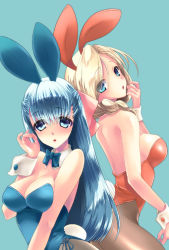 Rule 34 | 108 gou, 2girls, animal ears, back-to-back, bare shoulders, bianca (dq5), blonde hair, blue eyes, blue hair, bow, bowtie, braid, breasts, cleavage, dragon quest, dragon quest v, fake animal ears, finger to mouth, flora (dq5), hair over shoulder, long hair, multiple girls, pantyhose, playboy bunny, rabbit ears, wrist cuffs