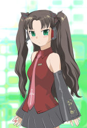Rule 34 | 1girl, adapted costume, brown hair, cosplay, detached sleeves, fate/stay night, fate (series), green eyes, hatsune miku, hatsune miku (cosplay), long hair, necktie, solo, tohsaka rin, twintails, two side up, ueyama michirou, vocaloid, vocaloid boxart pose