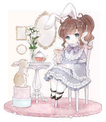 Rule 34 | 1girl, animal ears, black footwear, box, brown hair, capelet, closed mouth, commission, cup, dress, fake animal ears, final fantasy, final fantasy xiv, flower, frilled dress, frills, full body, gift, gift box, glass teapot, green eyes, hayama hisashi, holding, holding cup, holding plate, lalafell, long bangs, looking at viewer, medium hair, mirror, neck ribbon, pink rug, plate, pointy ears, purple dress, rabbit, rabbit ears, ribbon, rug, side ponytail, sitting, skeb commission, smile, solo, tea, warrior of light (ff14), white capelet, white flower