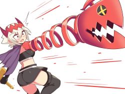Rule 34 | 1girl, arms (game), ass, blush, breasts, cape, cougar (cougar1404), dragon: marked for death, empress (dmfd), hair between eyes, red eyes, scar, simple background, skirt, solo, strapless, sweat, sword, thighhighs, tube top, weapon, white hair