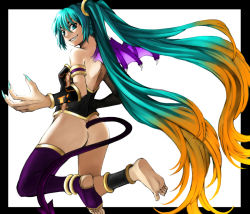 Rule 34 | 1girl, ankle cuffs, anklet, aqua eyes, aqua hair, ass, asymmetrical clothes, barefoot, black border, blonde hair, border, bottomless, claws, eiji (eiji), fang, feet, fingernails, grin, hatsune miku, jewelry, kneeling, long hair, looking back, multicolored hair, nail, no panties, orange hair, outside border, sharp fingernails, smile, soles, solo, tail, teeth, thighhighs, toeless legwear, toes, twintails, very long hair, vocaloid, wings