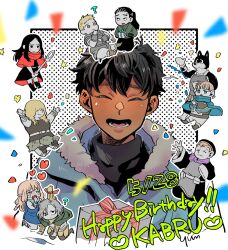 Rule 34 | 3girls, 6+boys, armor, black hair, blue coat, box, chibi, closed eyes, coat, commentary request, confetti, dark-skinned male, dark skin, dated, dia (dungeon meshi), dog boy, dungeon meshi, dwarf, elf, english text, facing viewer, fur-trimmed hood, fur trim, furry, furry male, gift, gift box, gnome, happy birthday, highres, holding, holding gift, holm kranom, hood, hood down, hooded coat, kabru, kuro (dungeon meshi), laios touden, mickbell tomas, milsiril (dungeon meshi), mithrun, multiple boys, multiple girls, nishimura, open mouth, pointy ears, rin (dungeon meshi), short hair, shurou, signature