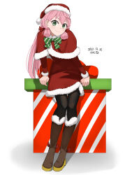 Rule 34 | 1girl, absurdres, akashi (kancolle), alternate costume, artist name, black pantyhose, blunt tresses, boots, box, brown footwear, capelet, commentary request, dated, dress, fur-trimmed capelet, fur-trimmed dress, fur-trimmed headwear, fur trim, gift, gift box, green eyes, hair between eyes, hair ribbon, hamukiyo, hat, highres, kantai collection, long hair, looking at viewer, pantyhose, pink hair, pom pom (clothes), red hat, ribbon, santa dress, santa hat, simple background, sitting, smile, solo, tress ribbon, white background