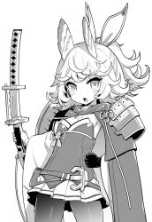 Rule 34 | 1girl, azur lane, breasts, gloves, greyscale, hair ribbon, holding, holding sword, holding weapon, hori (hori no su), kitakaze (azur lane), looking at viewer, mole, mole on breast, monochrome, open mouth, pantyhose, pleated skirt, ribbon, short hair, short ponytail, simple background, skirt, small breasts, solo, sword, teeth, tongue, weapon, white background