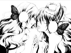 Rule 34 | bad id, bad pixiv id, butterfly wings, greyscale, hakuseki, hat, hatsune miku, headphones, headset, insect wings, lineart, long hair, magnet (vocaloid), megurine luka, monochrome, open mouth, twintails, vocaloid, wings, yuri