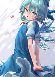 Rule 34 | 1girl, :p, arms behind back, blue bow, blue dress, blue eyes, blue hair, blush, bow, cirno, commentary, cowboy shot, dress, grey background, hair between eyes, hair bow, heart, highres, ice, ice wings, looking at viewer, neck ribbon, pinafore dress, red ribbon, ribbon, roke (taikodon), shirt, short hair, sleeveless dress, smile, solo, standing, tongue, tongue out, touhou, white shirt, wings